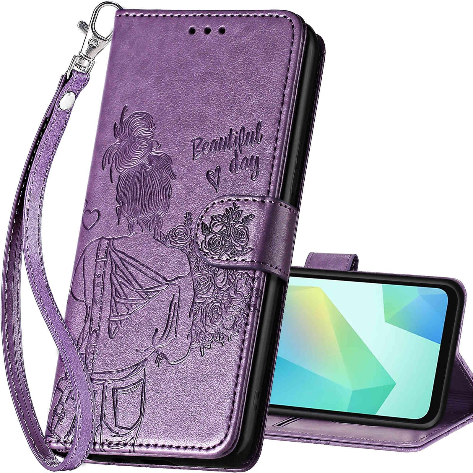 SASYMALY for Samsung Galaxy A16 5G Wallet case, Flip Folio Cover with Stand Feature for Women Men, PU Leather Phone Case Fit for Samsung Galaxy A16 5G [Purple-Girl]