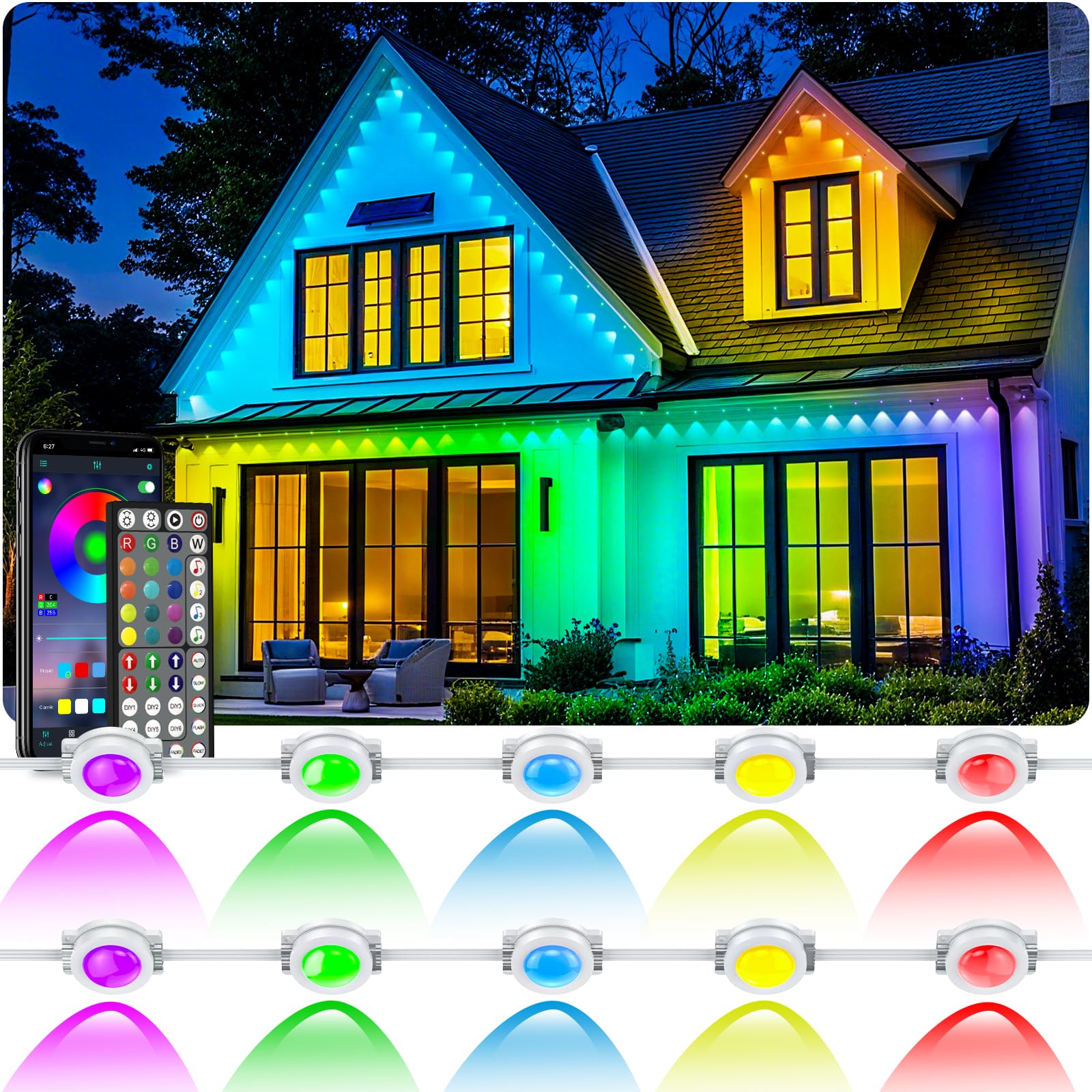 Photo 1 of 100FT Permanent Outdoor RGB Lights - Waterproof Smart LED Eaves Lights with App/Remote Control, Music Sync & DIY Scenes, Perfect for Christmas, Halloween, Parties & Daily Decor, Ideal for House Roof