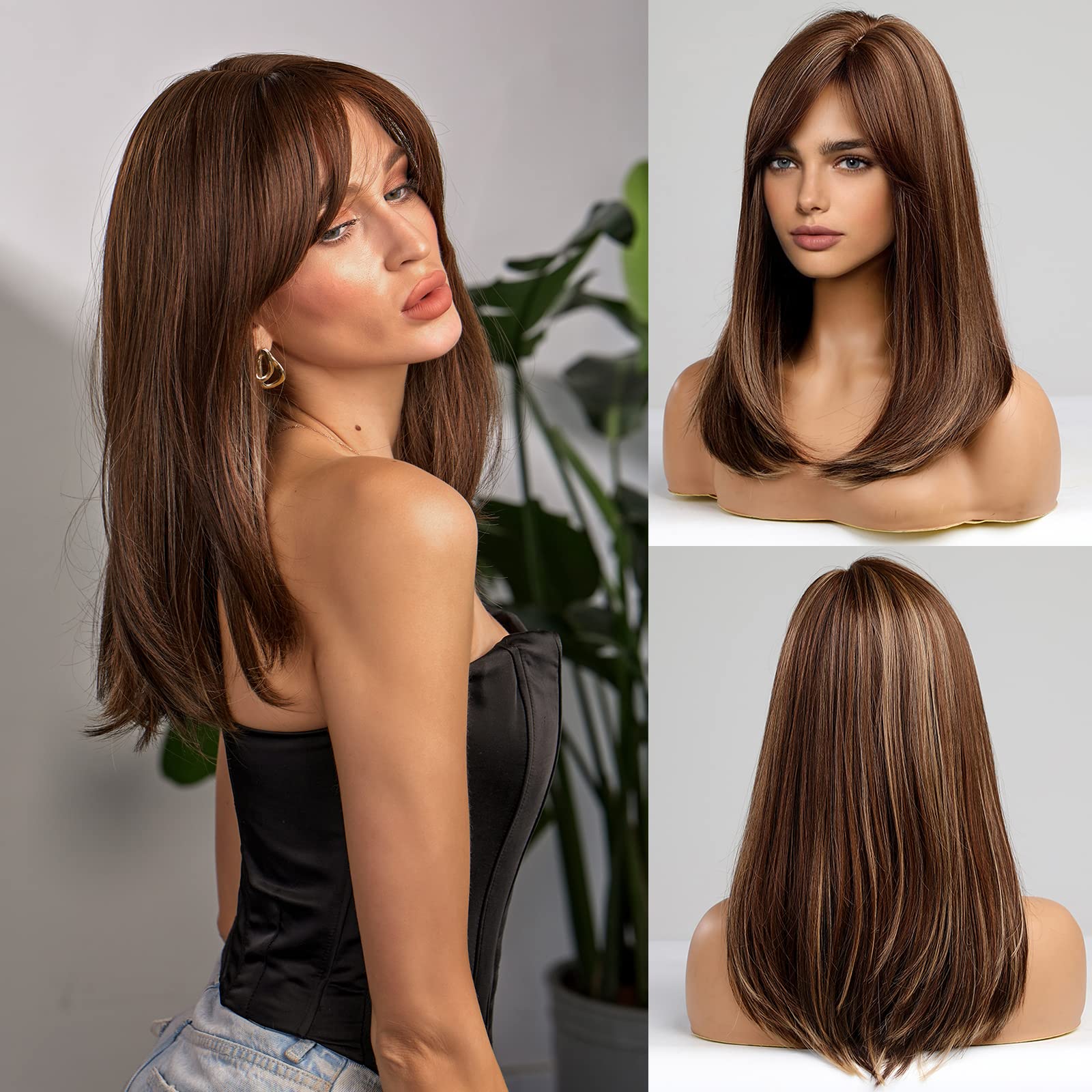 HAIRCUBE Long Mixed Brown Wigs for Women, Layered Synthetic Hair Wig with Partial Fringe