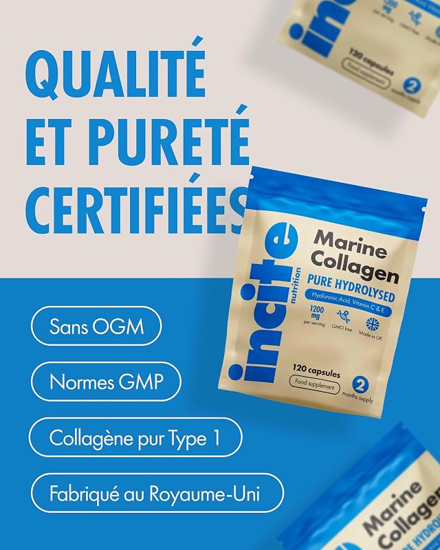 Collagène marin-Suppléments de capsules à haute résistance pour femmes/hommes Pure Superior Type 1 Hydrolysed | Enrichi en vitamines C, E, B12, cuivre, zinc et iode, 1200 mg/120