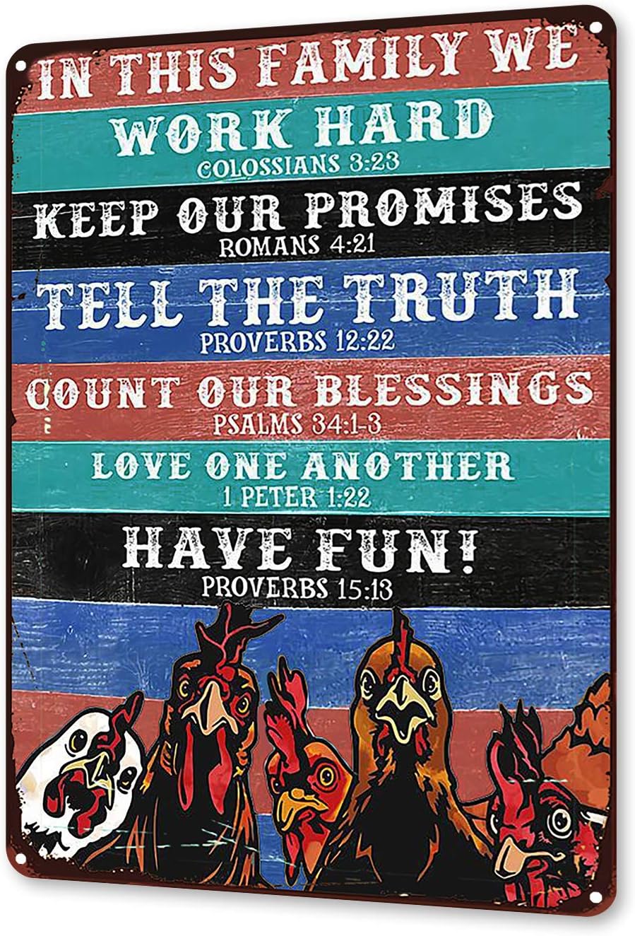 TINME in This Family We Work Hard Tin Signs Vintage Bar Home Kitchen Wall Decoration Chicken Sign 12x16 Inch