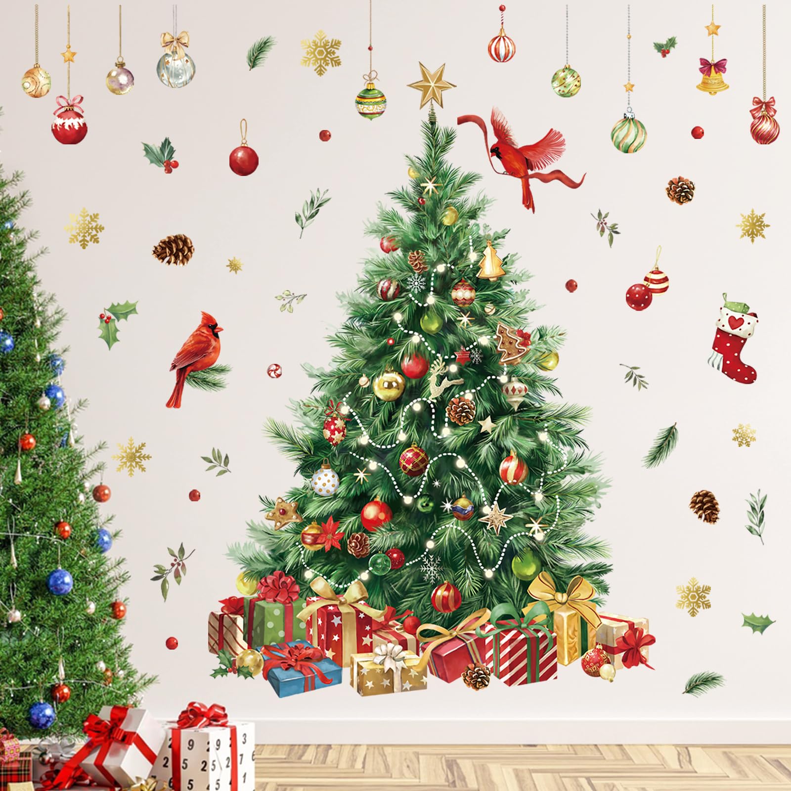 decalmile Large Christmas Tree Window Wall Decals Evergreen Watercolor Christmas Tree Xmas Wall Stickers Cardinal Pine Cones Window Clings Door Home Party Shop Showcase Decoration — image 1