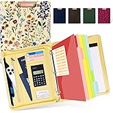 Ospelelf Leather Clipboard Binder with Storage - 3 Ring Zippered Padfolio Portfolio Folder - Calculator, 12.1” Tablet Sleeve, 5 Dividers with Pocket, Refillable Notepad, Card Slot (Floral)