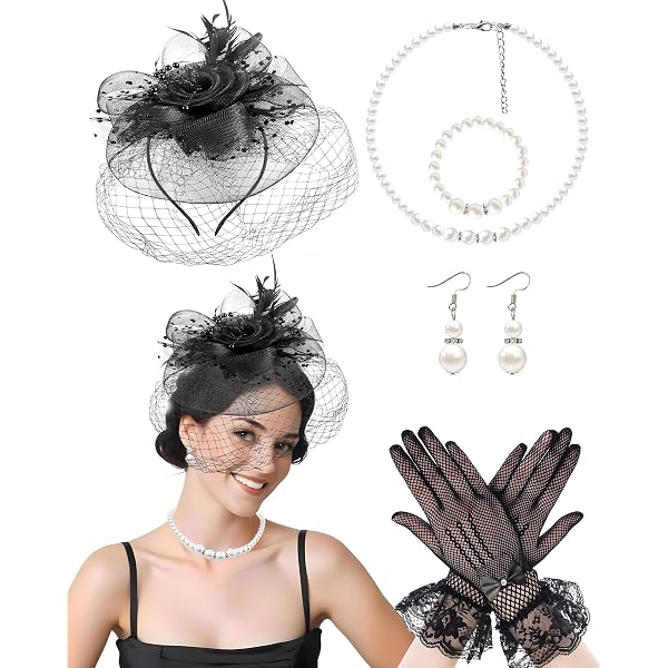 4 Pack Black Organza Fascinator Hat with Lace Gloves Set for  display picture 3