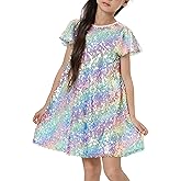 Girls Sequin Dress Shiny Short Flutter Sleeve Midi Sparkly Party Dress with Hairbow