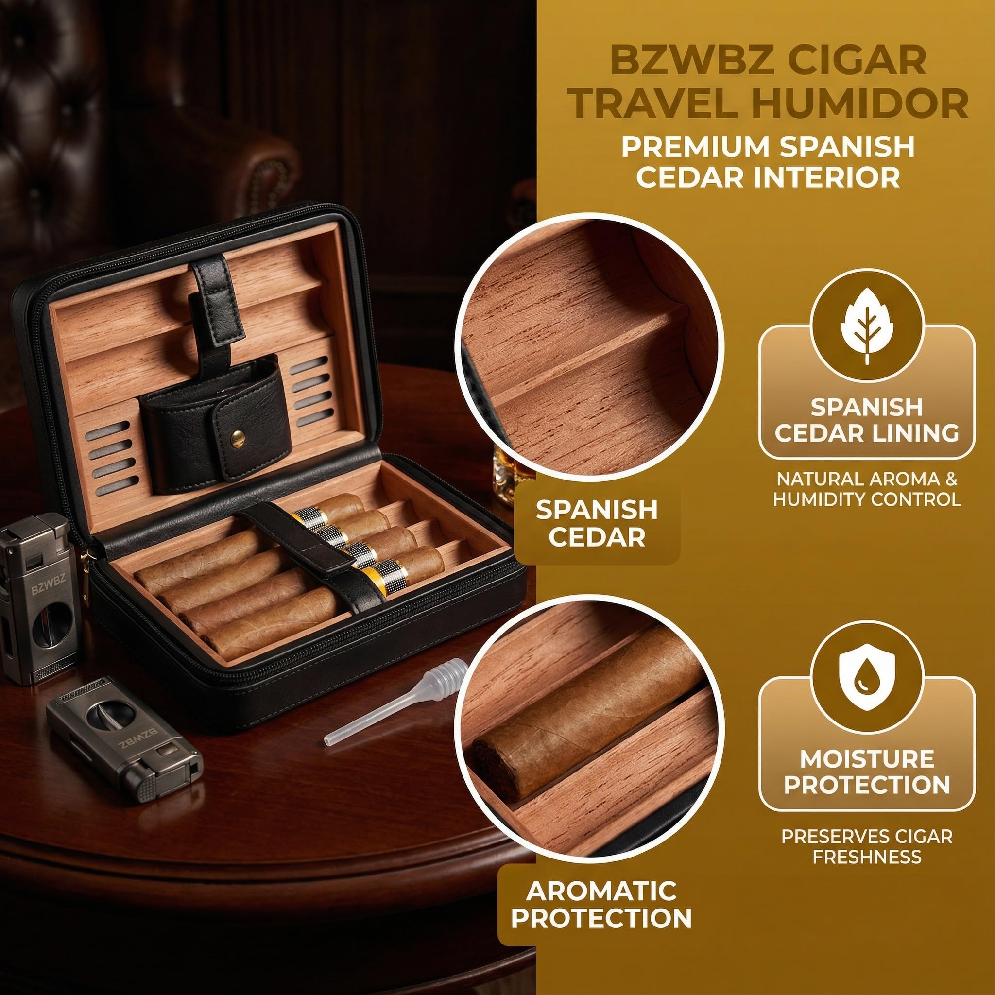 BZWBZ Travel Cigar Humidor Set,Torch Lighter with Cigar V Cutter, Hole Punch, Spanish Cedar Wood Humidor,Black Leather