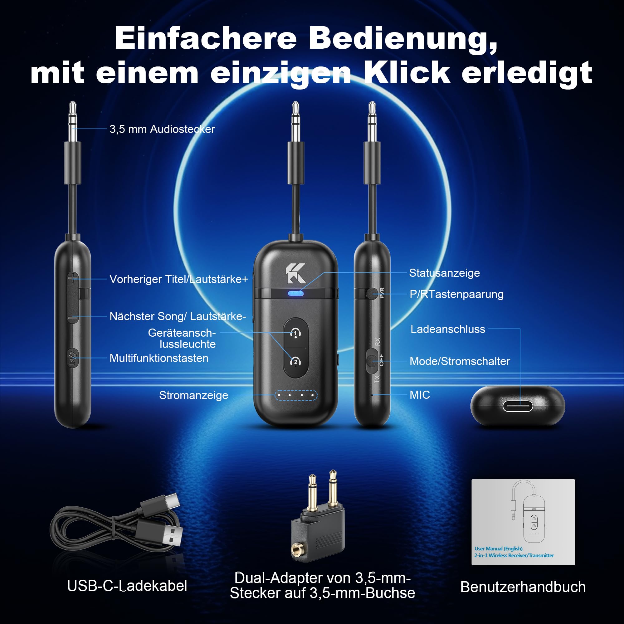 2-IN-1 Bluetooth 5.4 Adapter Transmitter, Blue-Tooth Splitter für 2 Kopfhörer wie Airpods,Bluetoo th Adapter, with 3.5mm Aux Audio Jack for Travel, Aviation, Television, Flugzeug,TV, Audio, Car 8