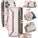 Strapurs Wallet Case Compatible with iPhone 16 6.1" RFID Blocking 7-Card Holder Soft PU Leather Magnetic Snap Shoulder Strap Zipper Pocket Phone Case Fit for iPhone 16 for Women - Rose Gold