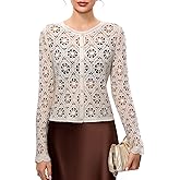 FAIRY SEASON Women's Crochet Cardigan with Golden Thread, Vintage Cropped Openwork Knit Sweater for Garden Party & Wedding