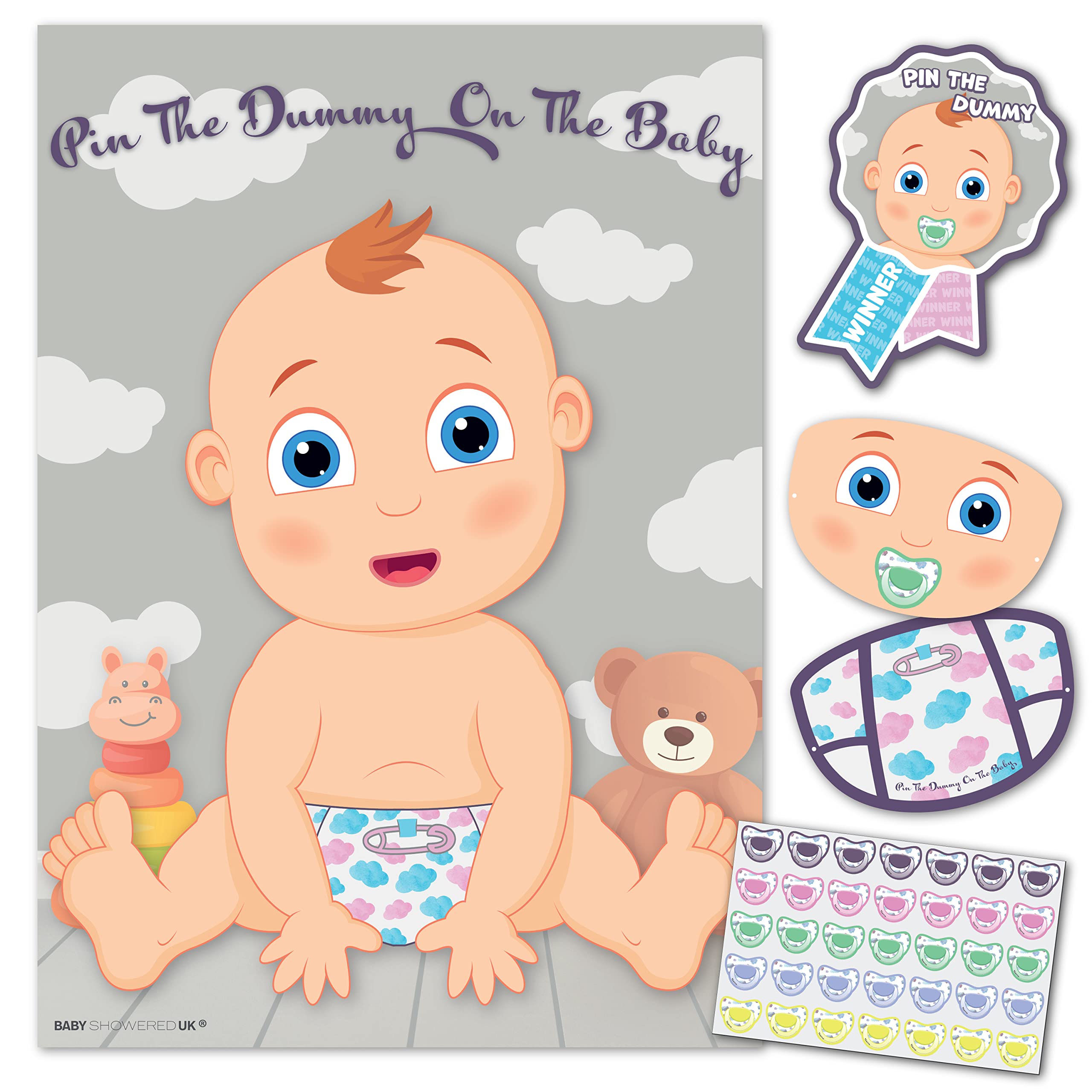 Baby Shower Game – Pin The Dummy On The Baby – 35 Player – Blindfold, Winner Prize and XL Poster included for fun boy, girl, neutral/unisex baby shower party – baby shower games modern classic