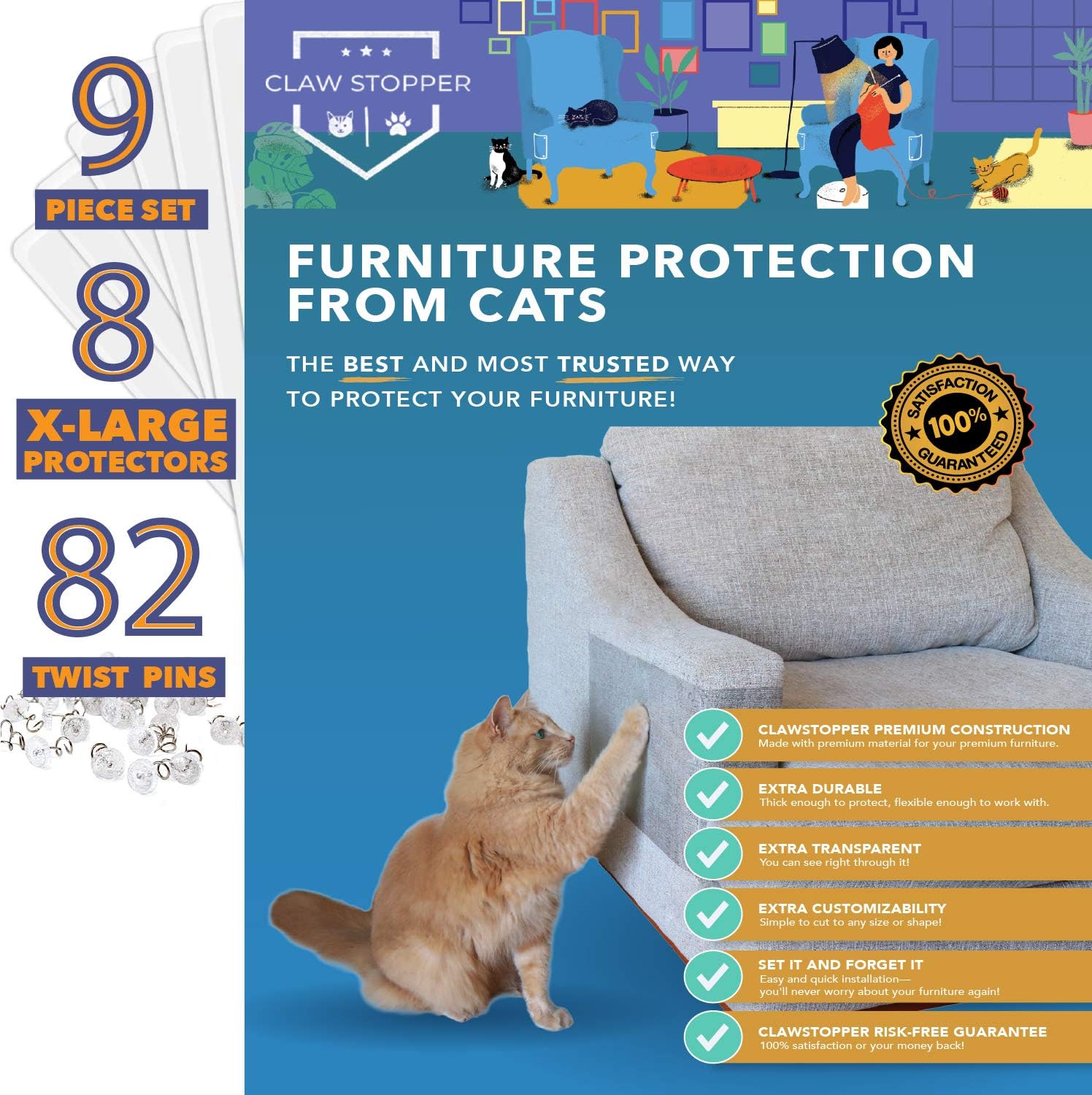 Claw Stopper (9 Piece Set) Cat Furniture Protection Kit - Includes 8 X-Large Scratch Guard Sheets and 82 Specialized Pins - Easy to Install, Compatible with Sofas, Chairs and Couches - Pet-Safe Vinyl