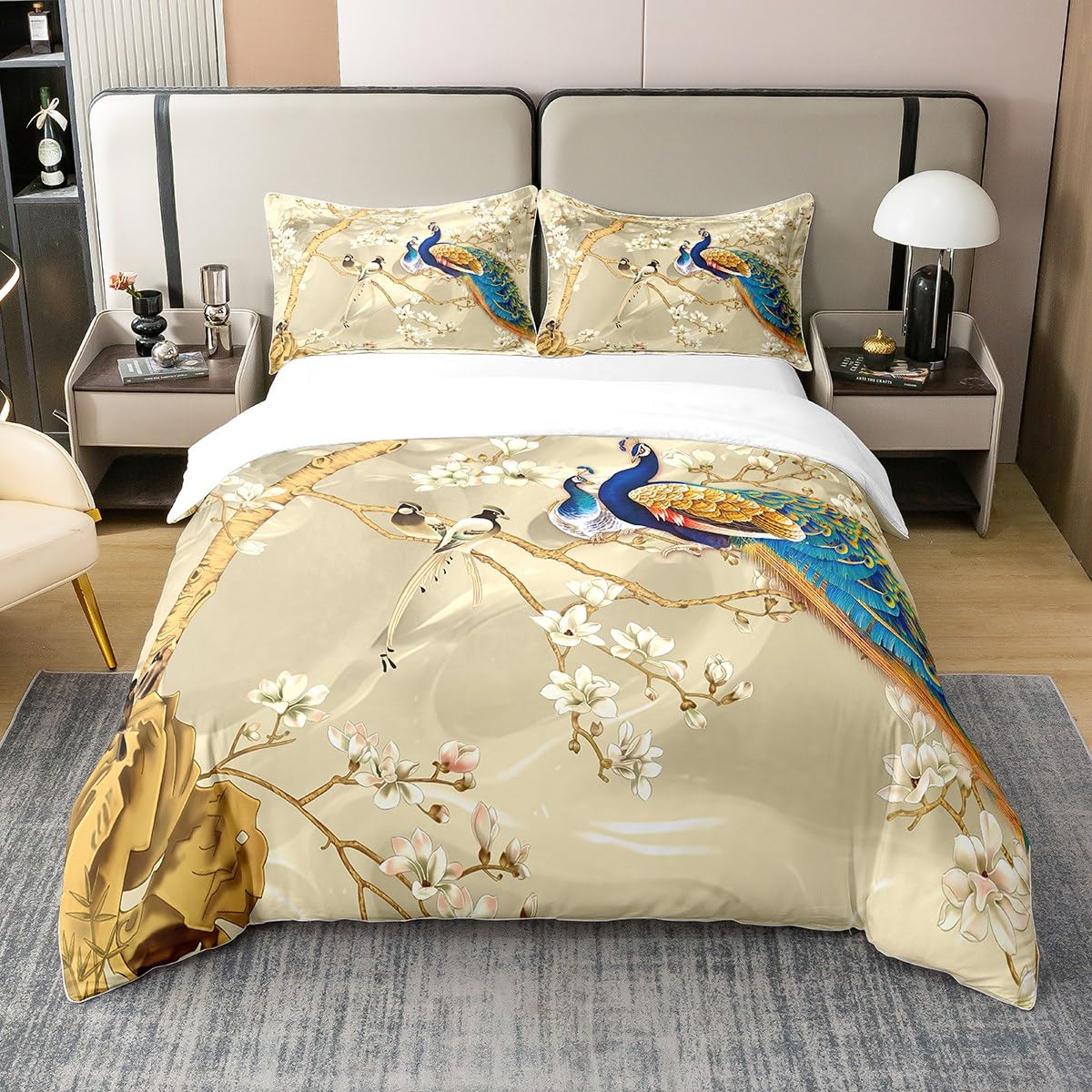 Loussiesd Peacock With Floral Bedding Set for Kids Adults Animals - 100% Cotton Duvet Cover With 2 Pillowcases - Botanical Quilt Cover Double Size Zipper — image 1