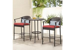 FHFO 3 Piece Outdoor Patio Bar Table and Chairs Set, Wicker Bar Height Bistro Table Set of 2, All-Weather Rattan Height Bar Stools w/Cushions & Metal Table Top for Porch, Garden, Balcony-Red