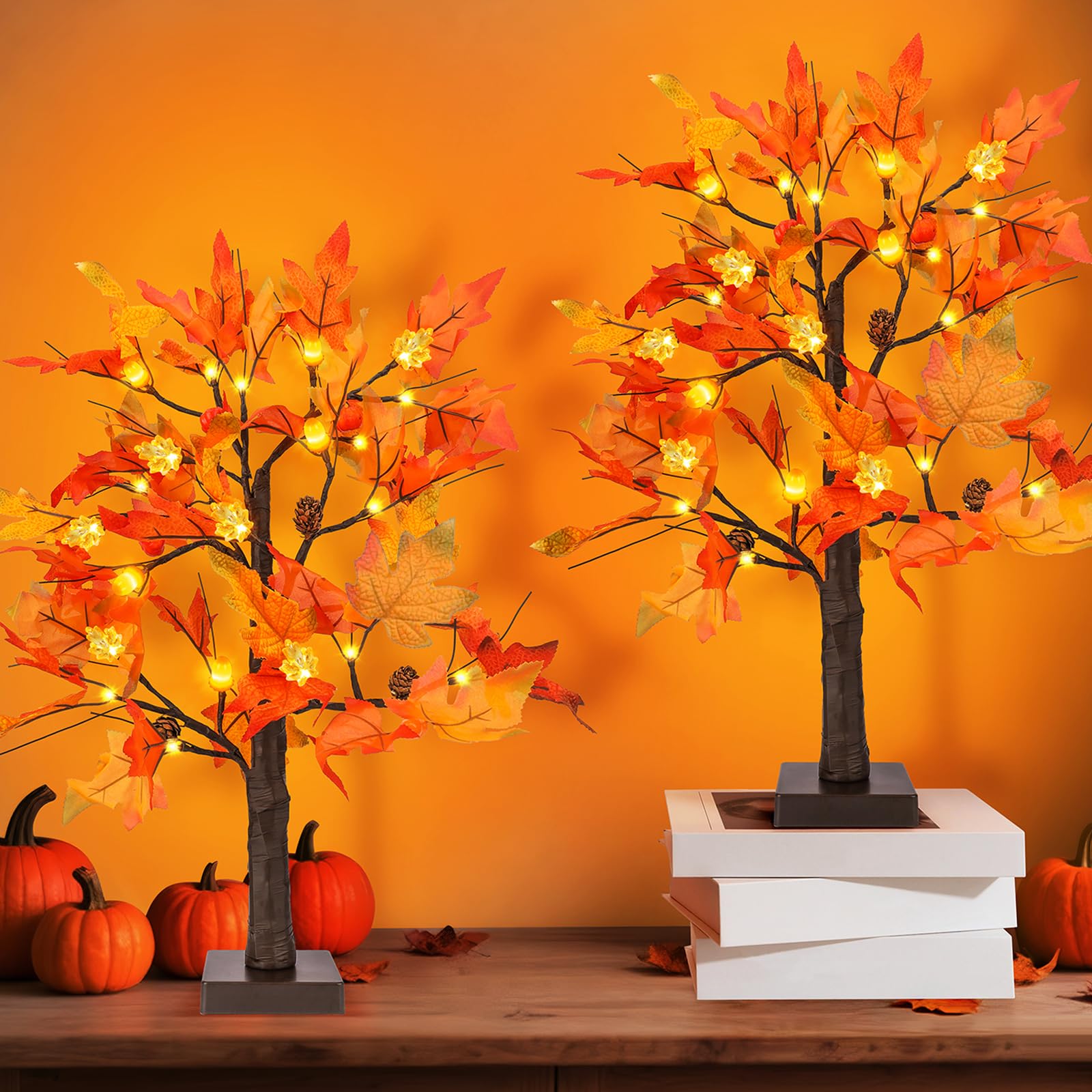 Photo 1 of 2 Pack 24" Maple Trees with Lights, Artificial Lighted Thanksgiving Tree Thanksgiving Decorations for Home Indoor Office Table Decor