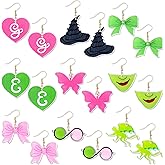 GUjianzi Witch Magic Acrylic Earrings - 9 Pairs Pink and Green Bow Black Witch Hat Heart Dangle Drop for Women, Wicky Witch Accessories Jewelry Gift Set for Birthday Dress Up Party Halloween