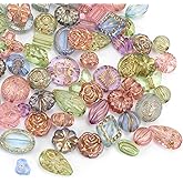 70 Pcs Cute Assorted Kawaii Aesthetic Beads Assorted, Unique Bohemia Acrylic Beads, Flower Heart Butterfly Round Oval Czech Bead Bulk Metal Enlaced Transparent Aesthetic Bead for Jewelry Making DIY