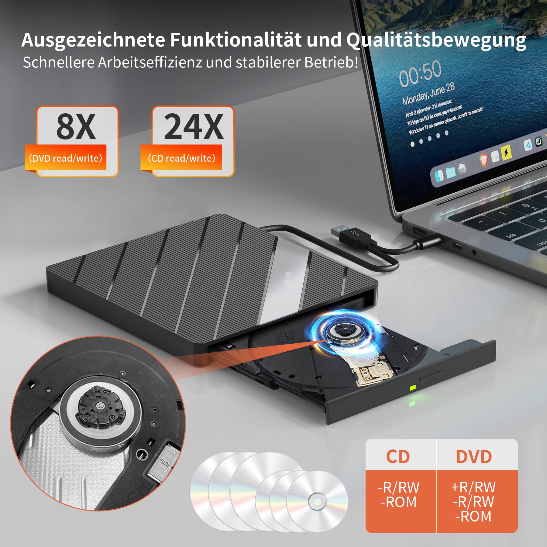 Alxum Externes DVD Laufwerk USB C 3.0 CD Laufwerk extern USB für Laptop 3