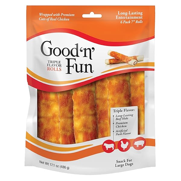 GOOD ‘N’ FUN TRIPLE FLAVOR ROLLS FOR LARGE DOGS, TREAT YOUR DOG TO LONG-LASTING CHEWS MADE WITH BEEF HIDE, CHICKEN AND ARTIFICIAL PORK FLAVOR, 6 COUNT