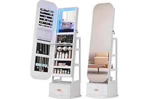 TAGELIER 360°Swivel jewelry organizer with Full Length Mirror with Lights,Jewelry Armoires Cabinet Standing with Drawer,Large Mirror Storage for Jewelry and Makeup（White）
