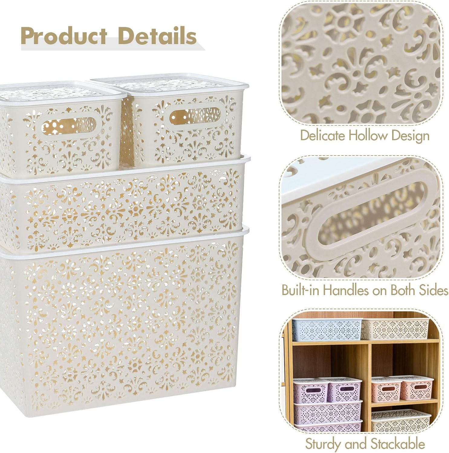 ANMINY Plastic Storage Baskets Set with Handles Removable Lids Stackable Lidded Bins Boxes Home Kitchen Cubes Closet Shelf Organizer Containers Weave Hollow Design 1 Large 1 Medium 2 Small - Beige: Home & Kitchen