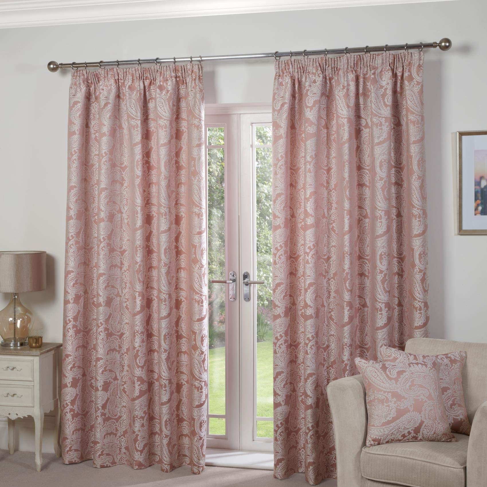 Emma Barclay – Fully Lined Curtains for Bedroom Living Room Jacquard Pencil Pleated Two Panel Paisley Damask Curtains Duchess Collection (66” x 54” Inch)(Blush Pink) — image 1