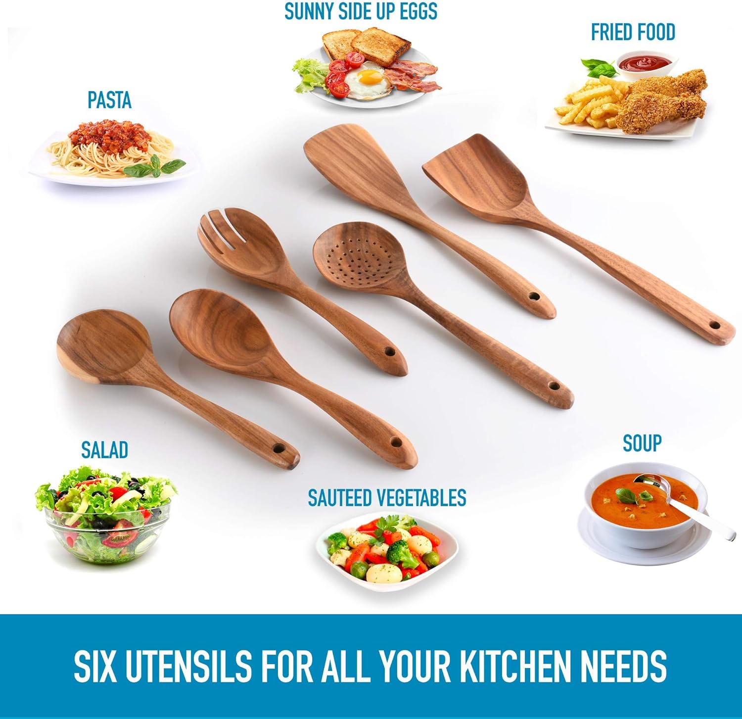 Zulay Kitchen (6 Pc Set) Wooden Utensils For Cooking - Non-Stick Soft Comfortable Grip Wooden Cooking Utensils - Smooth Finish Teak Wooden Spoon Sets For Cooking: Kitchen & Dining