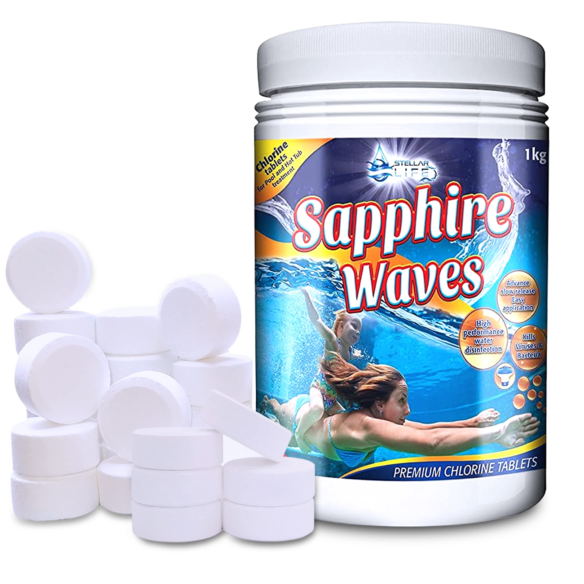Sapphire Waves 1kg 50x20g Premium Chlorine Tablets for Hot Tubs & Swimming Pools