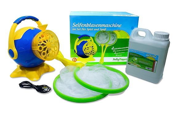 HOLLYHOPPER® Seifenblasenmaschinen Set für Kinder inkl. 1L Qualitäts-Seifenblasenflüssigkeit und 2 Kescher | Betrieb über Bat