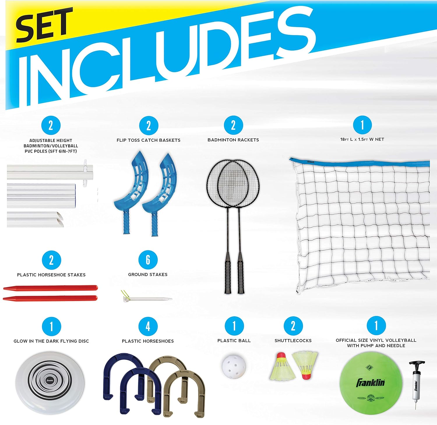 Franklin Sports Yard Games Combo Set - Volleyball/Badminton Net, 2 Player Badminton Set, Volleyball, Horsehoes Set, Flying Disc, Flip Toss : General Sporting Equipment : Sports & Outdoors