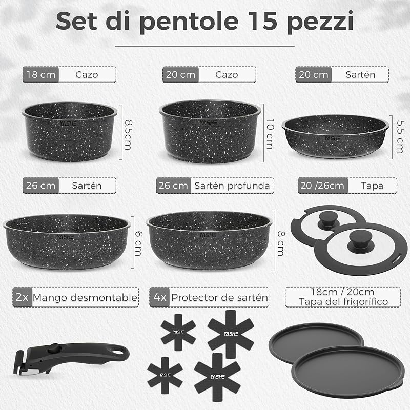 Conjunto de panelas e frigideiras 15 peças, revestimento em granito antiaderente, pegas amovíveis, empilháveis, fáceis de limpar, compatível com indução, fogão a gás e cerâmico, branco