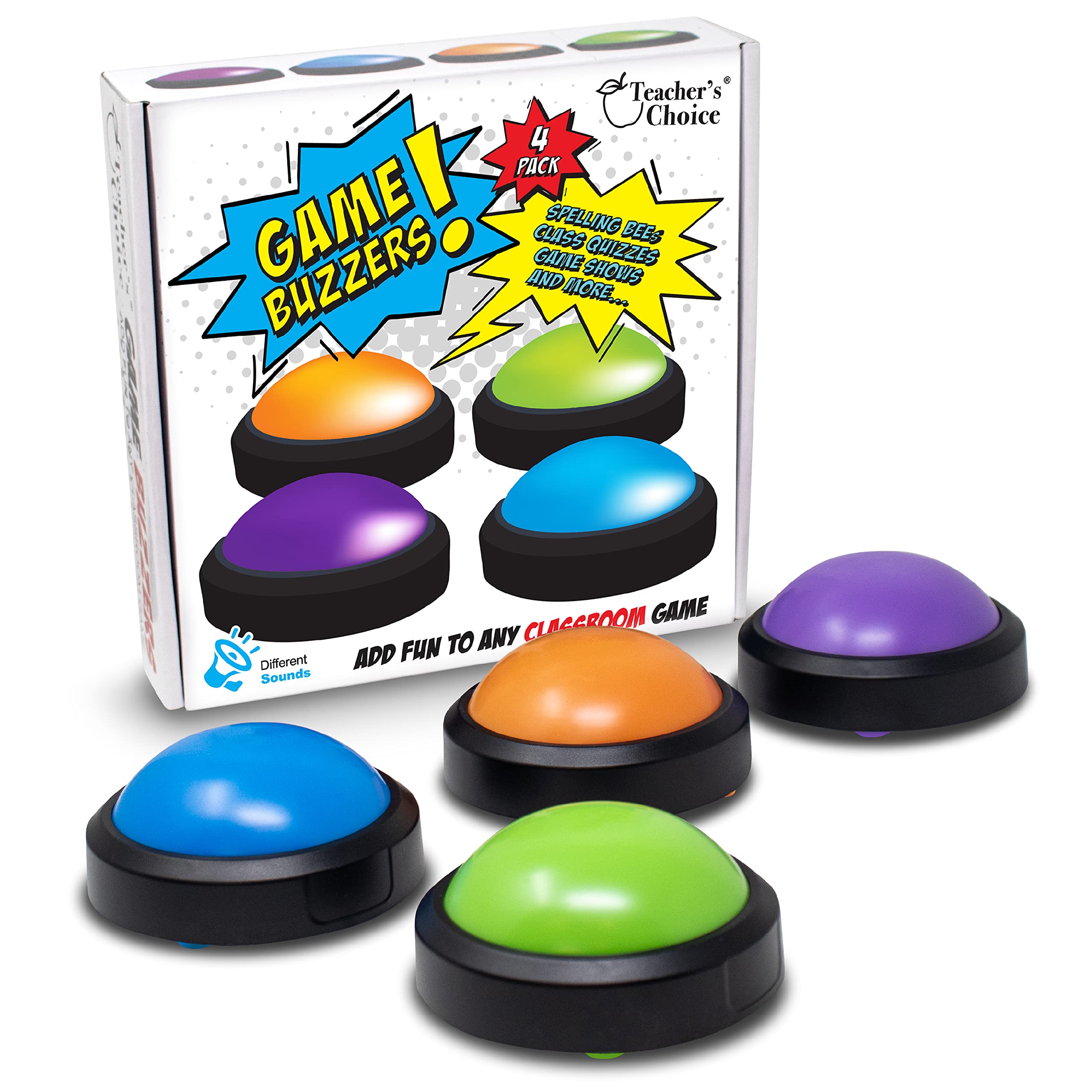 Teacher's Choice 4 Pack Game Buzzers with Unique Loud Sounds for Each Buzzer | Great for Trivia Games, Family Feud, Jeopardy, Competition, Spelling Bees and More