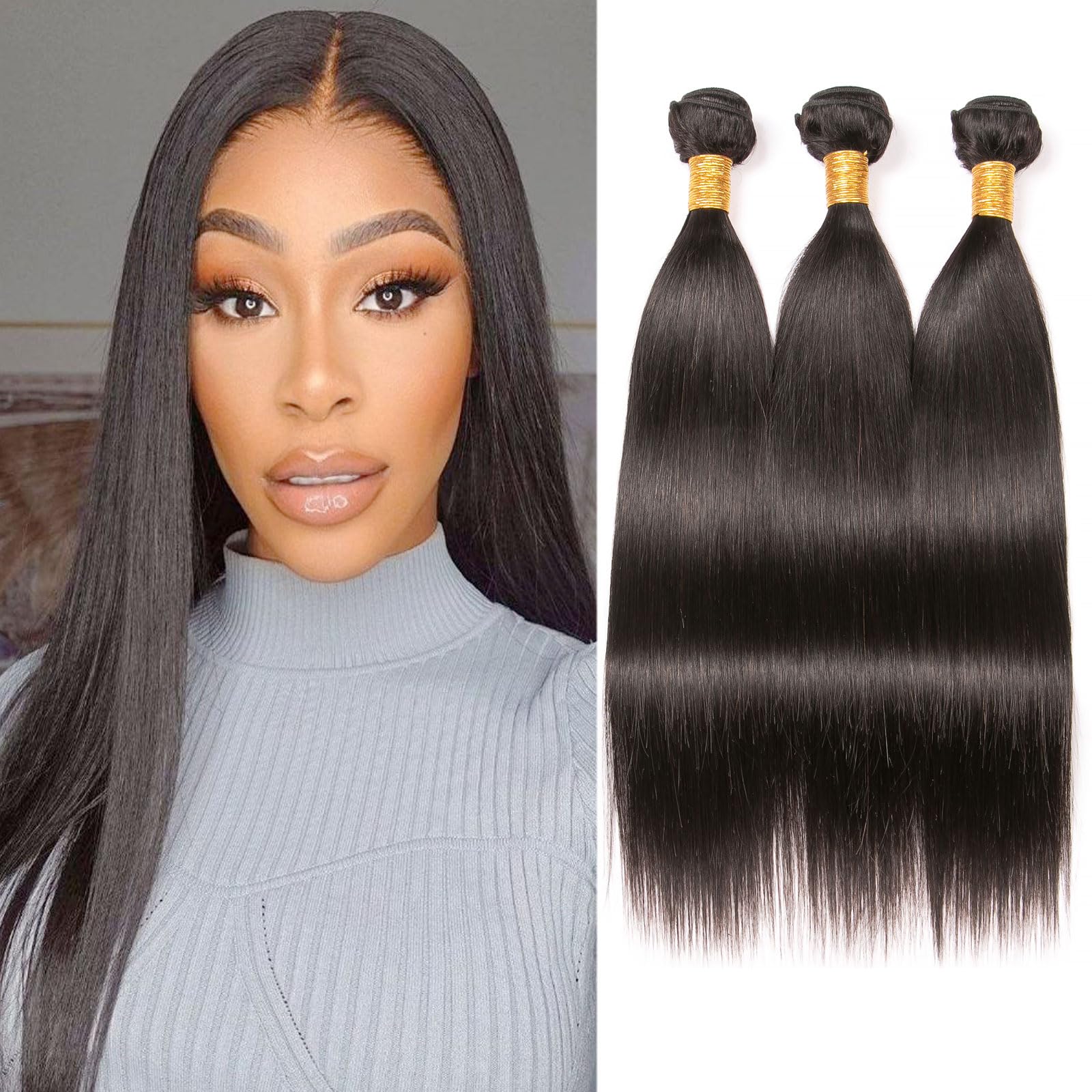 Huarisi Straight Human Hair Bundles 10 12 14 Inch 100% Unprocessed Brazilian Hair Straight 3 Bundles 10A Grade Real Hair Weaves Extensions Double Weft Natural Color Sew in Weaving — image 1