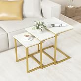 GOFLAME Nesting Coffee Tables Set of 3, Rectangular Nesting Center Table with Faux Marble Top &amp; Metal Frame, Modern C-Shaped Nested Side Table Set for Living Room, Bedroom, Gold &amp; White
