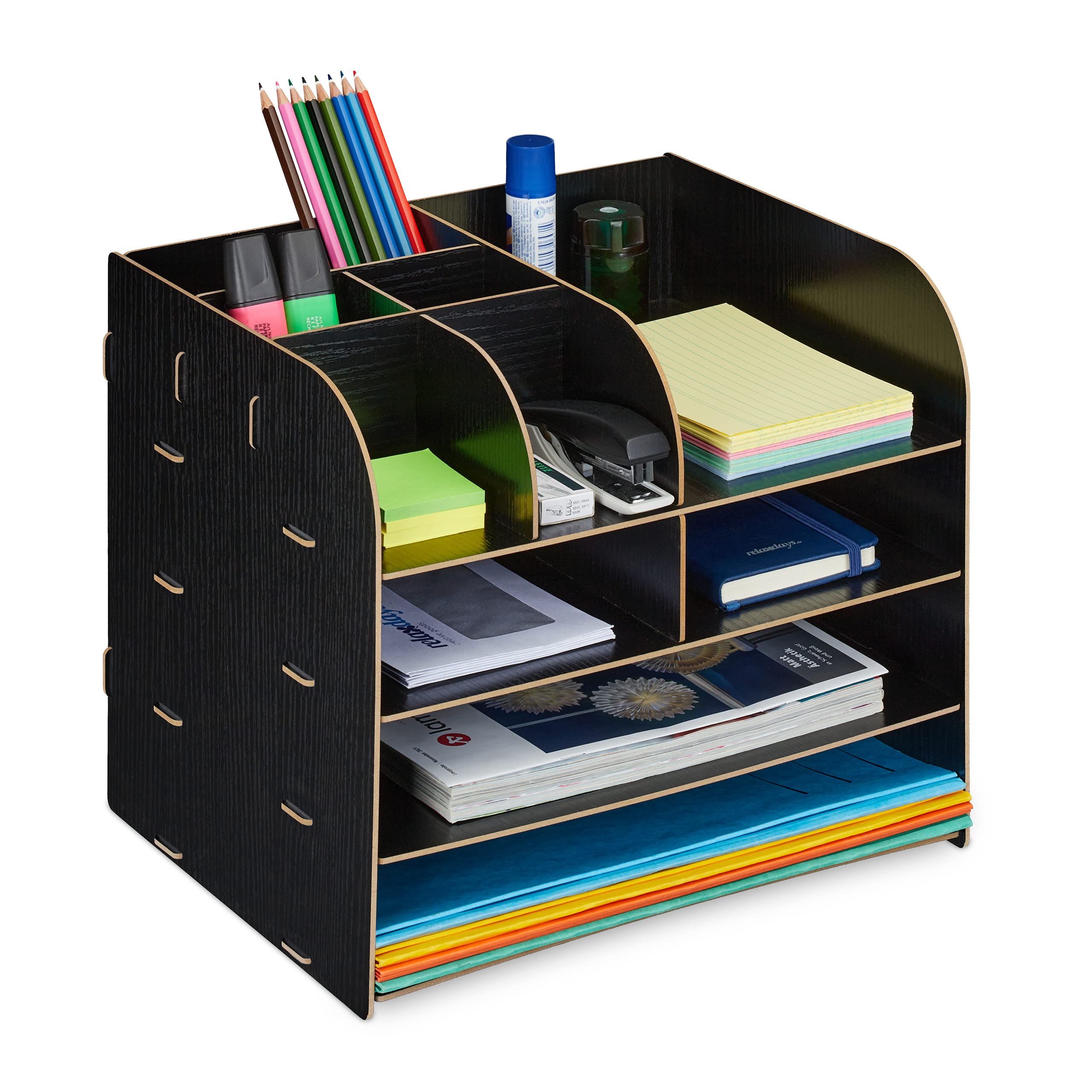 Relaxdays Desk Organiser, Office Supplies and Documents, Different Size Compartments, DIY, MDF, 27.5x32.5x25 cm, Black
