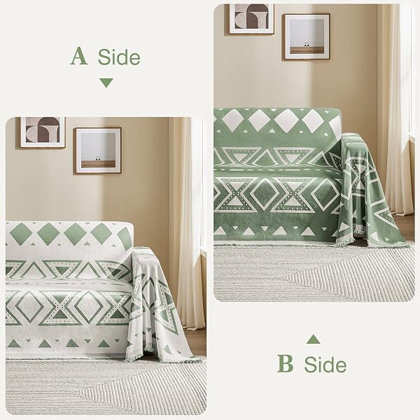 MAYMISS BOHO COUCH COVER FOR DOGS WASHABLE CHENILLE SOFA COVERS REVERSIBLE SOFA SLIPCOVER PET FRIENDLY FOR SECTIONAL SOFA, 2 OR 3 CUSHION COUCH (BOHO3 SAGE GREEN, 91″ X 118″)