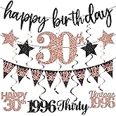12PCS 30th Birthday Decorations for Her, Rose Gold Vintage 1996 Happy 30th Birthday Banner Triangle Flag Banner Glitter Hanging Swirls Party Supplies, Cheers to 30 Years Old Bday Decor for Women