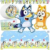 Bluey Birthday Decorations and Party Supplies for 16 Guests | Officially Licensed | Large Foil Bluey Balloon and Bingo Balloon, Banner, Tablecloth, Plates, Napkins, Sticker