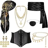 Vermeyen 8 Pcs Pirate Costume Accessories for Women with Head Scarf Wrap Pirate Corset Eye Patch Necklace Sash Chain Belt