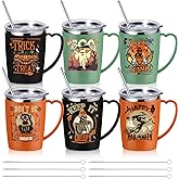 Kritkin 6 Pcs Halloween Coffee Mugs Cups 16 oz Halloween Stainless Steel Insulated Tumblers Bulk with Handle Lid Straw Brushes Spooky Ghost Face Monster Black Cat Mugs Trick or Treat Gifts