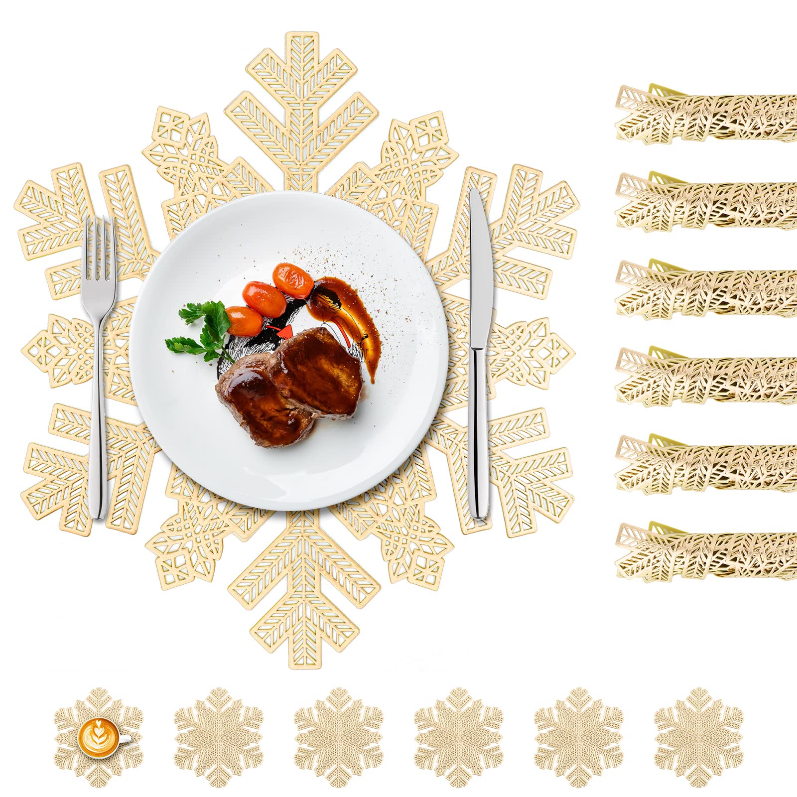 Snowflake Gold Placemats,12pcs PVC Gold Table Mat set Heat Resistant Washable Placemat of 6pcs + Coasters Set 6pcs for Home Kitchen holiday Decoration