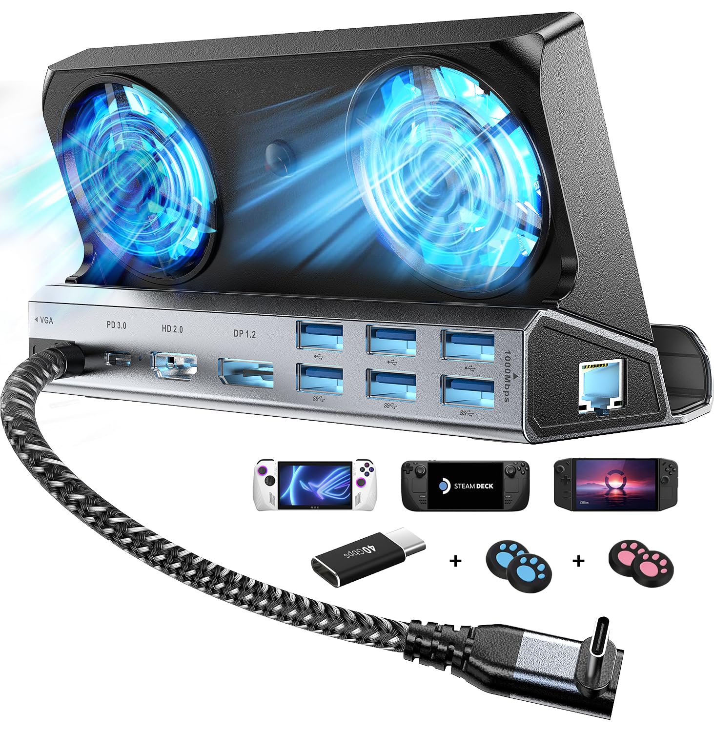 View 1 of 14-in-1 Steam Deck Docking Stationfor Steam Deck/Rog Ally/Switch/Legion Go Dual Cooling Fans 4K@60Hz,1080P 6 USB Ports,1000Mbps, 100W Type C Charing,DP1.2,40Gbps Adapter