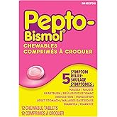 Pepto Bismol Chewables | 5 Symptom Stomach Relief | Regular Strength | Original Flavour | 12 Chewables | For Nausea, Heartbur
