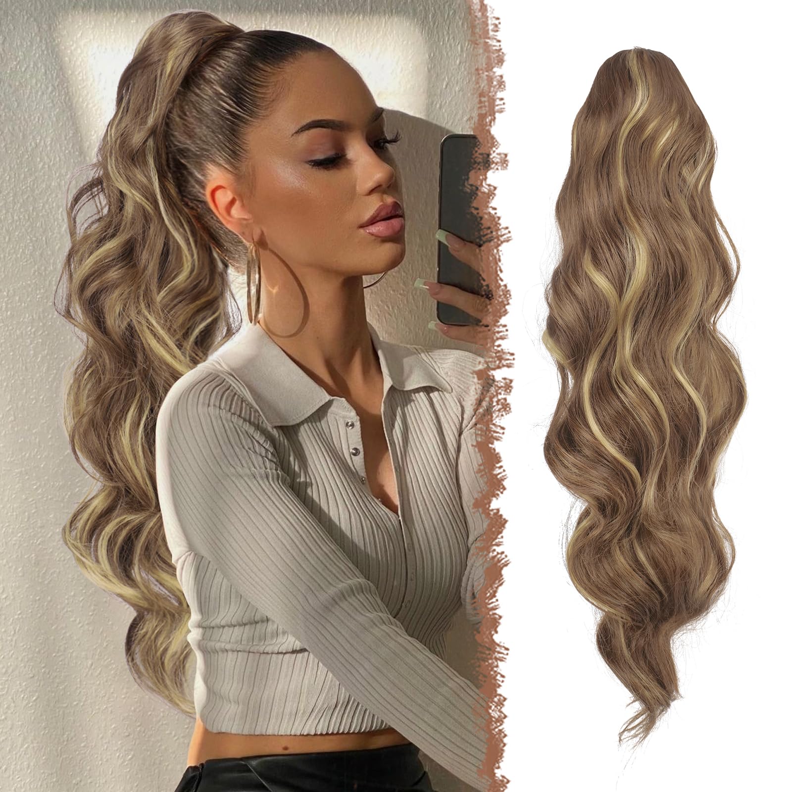 FESHFEN Long Ponytail Extension Curly Wavy Clip in Synthetic Hairpieces Drawstring Ponytail Light Brown & Blonde Pony Tail Hairpiece Hair Pony Extension for Women Girls, 24 inch