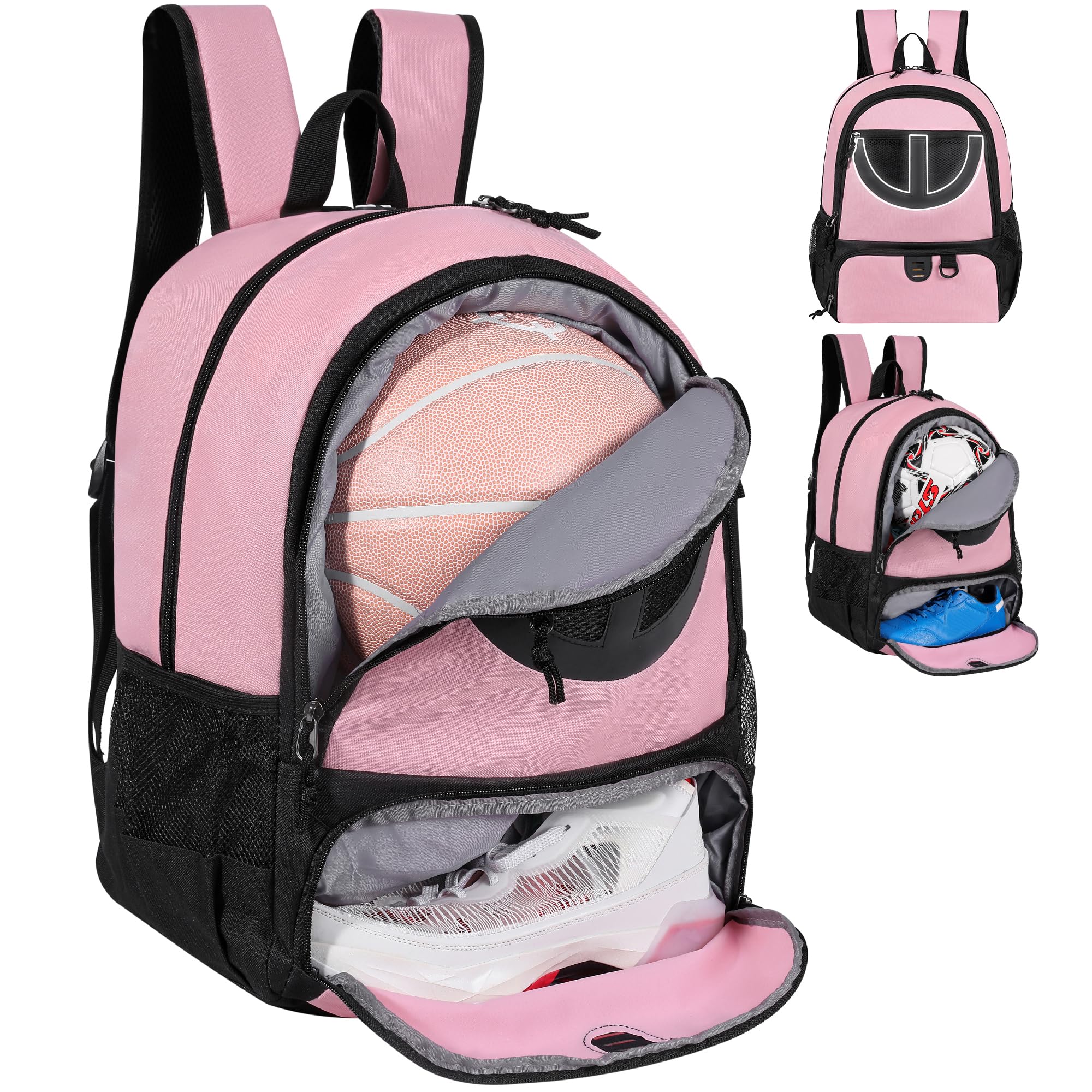 Basketball Backpack for Men and Women, Ball and Shoes Compartment 30L Lightweight Breathable Boy Girl Football Volleyball Sport Travel School Gym Pink Black