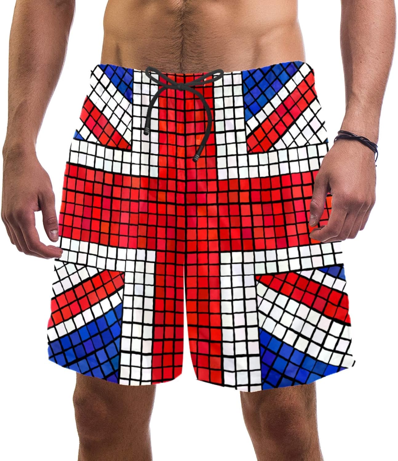 Man Beach Shorts, UK Flag Union Jack Mosaic Swim Trunks Elastic Swimsuit Board Shorts for Men