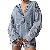 Kedera Women's Denim Hoodie Button Up Pullover Jacket Jean Oversized Sweatshirt Tops with Pocket