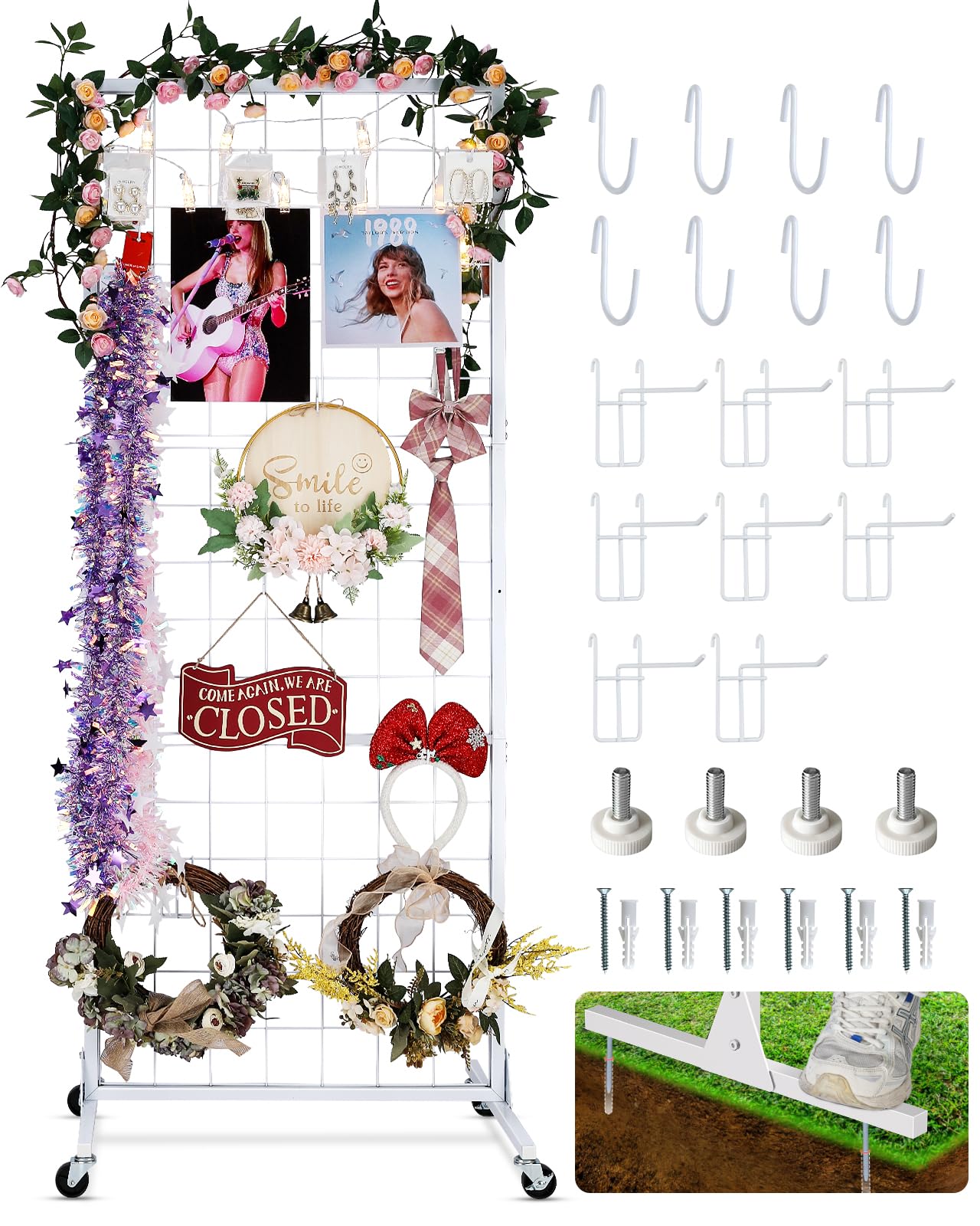 Photo 1 of AHOWPD Gridwall Panel Display Stand Rack- Heavy-Duty Movable Wire Gridwall Display Racks with Wheels and Feet, Floorstanding and Wall Mount Double Side Display Stand (White)