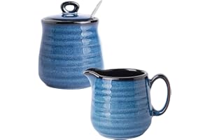 Hasense Sugar and Creamer Set, 3 Pieces with 11 Ounce Sugar Bowl with Lid and Spoon, 10 Ounce Creamer Pitcher, Ceramic Milk Pitcher and Sugar Pot for Coffee Bar, Coffee Serving Set, Navy Blue