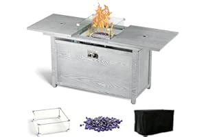 DOINUO 42IN Rectangular Propane Fire Pit Table with Tempered Glass, Removable Desktop, Gas Firepit Table with Glass Beads & Metal Lid, Perfect for Patio & Backyard(Grey)