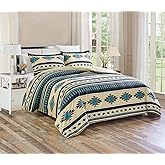 Chezmoi Collection 3-Piece Southwestern Geometric Tribal Multicolor Teal Beige Black Gray Comforter Set, King Size